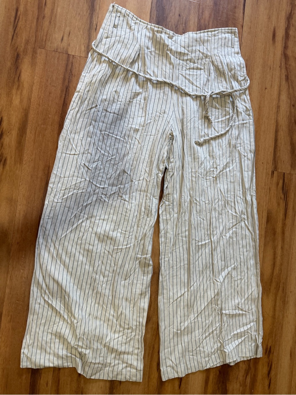 Happily Grey Striped Linen-Blend Wide Leg Pants in Cream & Navy